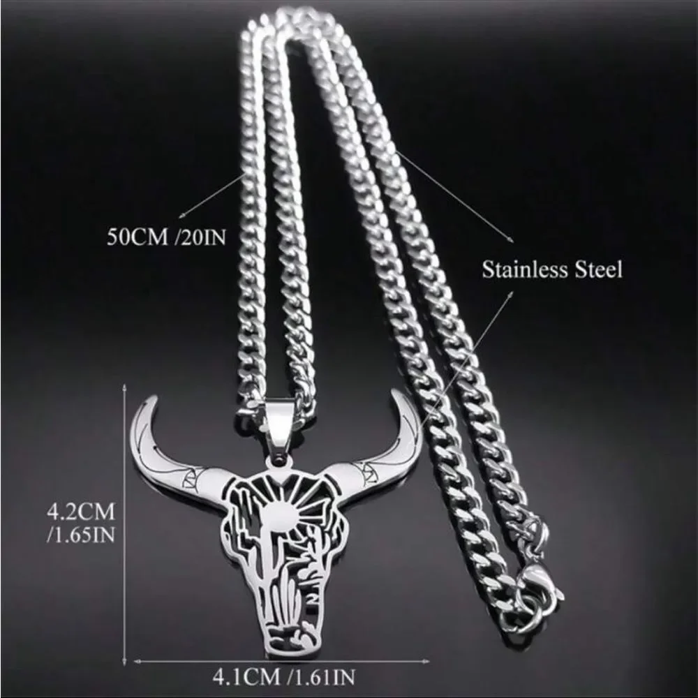 Silver Bull Skull‎ Pendant Necklace